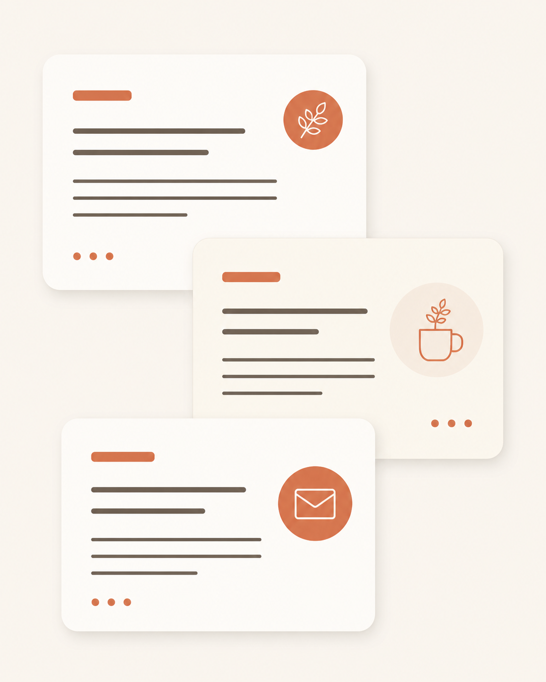 Three overlapping note cards in warm cream tones with clay-orange highlights